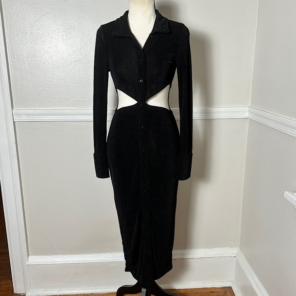 Runaway Stretchy Black Maxi Dress Cutouts Long Sleeves Collared Preppy - Picture 17 of 17